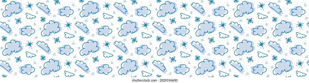 Seamless cartoon cloud sky doodle border. Whimsical minimal gender neutral color. Kids nursery banner or weather fashion all over print.