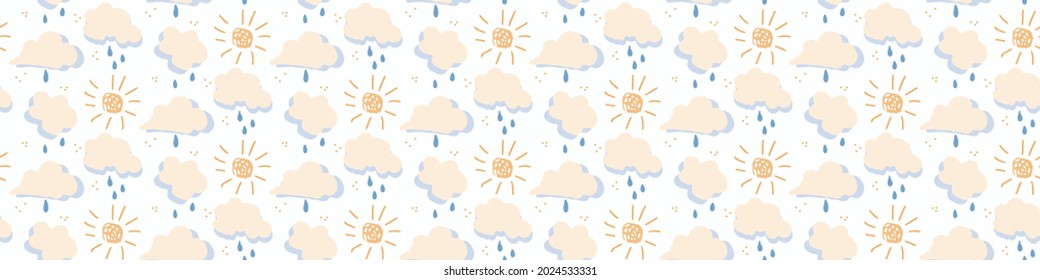 Seamless cartoon cloud with sun doodle border. Whimsical minimal gender neutral color. Kids nursery banner or weather fashion all over print.