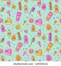 Seamless cartoon colorful cosmetics pattern. Endless abstract texture with cosmetic accessories. Template for design and decoration