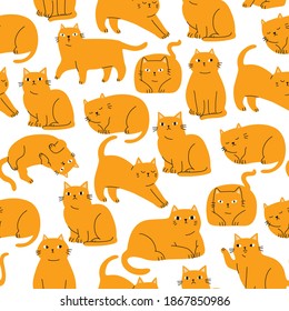 Seamless cartoon colorful hand drawn cat pattern for fabric textile or wrapping paper. Cute cartoon vector illustration for children 