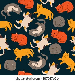 Seamless cartoon colorful hand drawn pattern of sleeping cats for fabric textile or wrapping paper. Cute cartoon vector illustration for children 