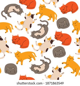 Seamless cartoon colorful hand drawn pattern of sleeping cats for fabric textile or wrapping paper. Cute cartoon vector illustration for children 