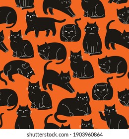 Seamless cartoon colorful hand drawn cat pattern for fabric textile or wrapping paper. Cute cartoon vector illustration for children 