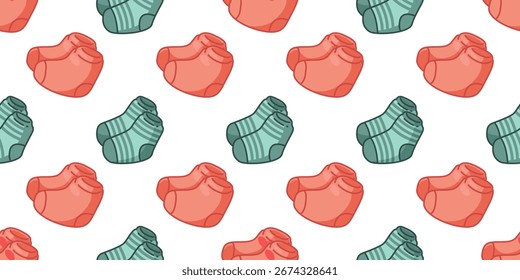 Patrón de calcetines coloridos de dibujos animados sin costuras. Calcetines plegados de dibujos animados en rojo y verde dispuestos en patrón plano sin costuras. Ilustración colorida brillante sobre fondo blanco.