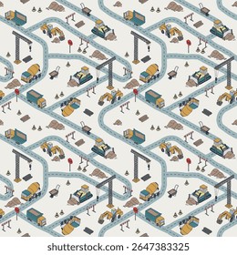 Seamless Cartoon Construction Site Pattern with Vehicles and Roads