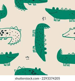 Patrón de cocodrilos de dibujos animados sin foco. Los niños divertida textura de personaje de lagarto infantil verde. Ilustración del vector