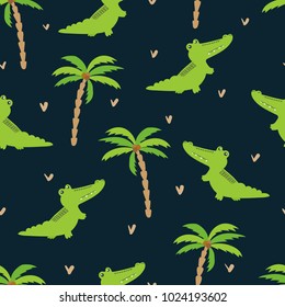 Seamless cartoon crocodiles pattern. Vector background with alligators and palms. Baby print, kids design.