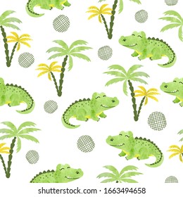 Seamless cartoon crocodiles pattern. Vector illustration with watercolor alligators and palms. Baby print.