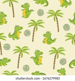 Seamless cartoon crocodiles pattern. Vector illustration with watercolor alligators and palms.