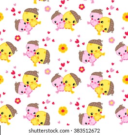 Seamless cartoon cute bird couples in love illustration vector.