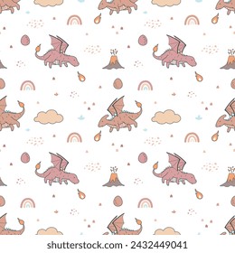 Seamless cartoon cute dragon pattern. Cartoon animals background. Vector illustration. Design for wallpaper, background, t-shirt, clothes, fabric, textile, print design