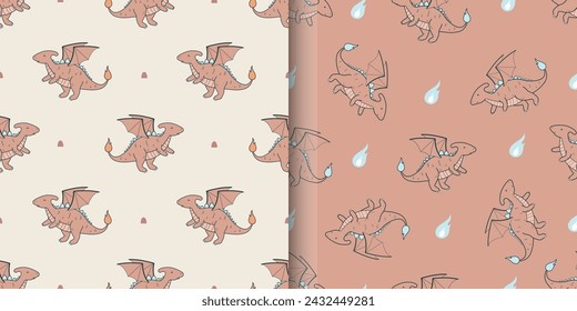 Conjunto de patrón de dragón lindo de dibujos animados sin costuras. Fondo de animales de dibujos animados. Ilustración vectorial. Diseño para papel pintado, fondo, camiseta, ropa, tela, textil, diseño de impresión