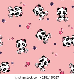 Seamless, cartoon, cute, girl panda vector for printing, textile, fabric, paper.