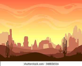 Seamless cartoon desert landscape, vector layered game background for parallax effect