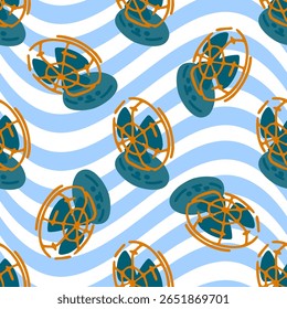 Seamless Cartoon Desk Fan Pattern. Retro-style desk fans with orange cages and blue blades repeating over wavy light blue and white background. Flat cartoon pattern with a cool summer breeze vibe. 