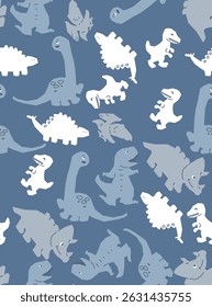 Padrão de silhueta de dinossauro de desenhos animados sem costura no fundo azul 