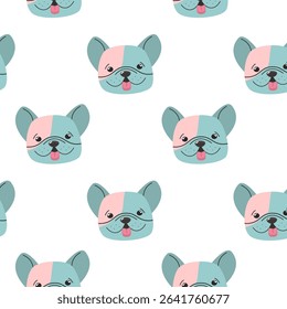 Seamless cartoon dog vector pattern with pastel cartoon French Bulldog faces on white background – playful and cute design