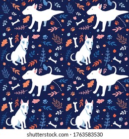 Seamless cartoon dogs pattern with bones, footprint and leaves. Stylish vector illustration with funny bull terriers for prints, textile, fabric, background