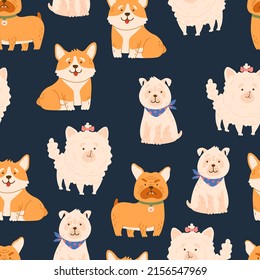 Seamless cartoon dogs pattern. Cute animals, pet vector hand drawn color background for kids apparel,fabric, textile, nursery decoration,wrapping paper 