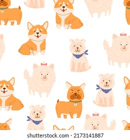 Seamless cartoon dogs pattern. Cute animals, pet vector hand drawn color background for kids apparel,fabric, textile, nursery decoration,wrapping paper 
