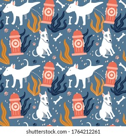 Seamless cartoon dogs pattern with fire hydrant, bones, footprint and leaves. Stylish vector illustration with funny bull terriers for prints, textile, fabric, background