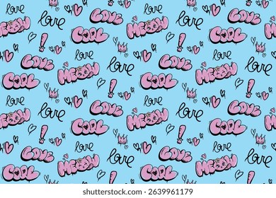 Seamless cartoon doodle pattern with pink graffiti-style words "love", "meow", "cool", plus hearts, crowns, and exclamation marks on blue background. Fun and playful design for kids and teens.
