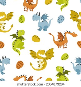 Seamless cartoon dragon pattern. Funny animal characters for kids. Baby print