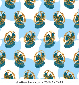 Padrão de ventilador elétrico de desenhos animados sem costura — padrão sem costura com ventiladores elétricos laranja e azul no estilo de desenhos animados planos. Layout repetido em fundo xadrez ondulado azul e branco.