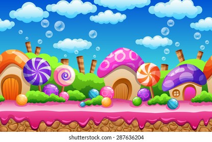 Seamless Cartoon Fairy Tale Landscape. Candy Land Illustration For Game Design.