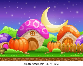 Seamless cartoon fairy tale landscape. Horizontal background with country life.