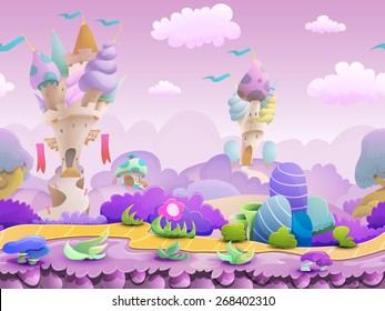 Seamless Cartoon Fairytale Landscape, Vector Unending Background With Ground, Castles, Plants And Sky Layers.