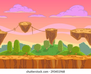 Seamless cartoon fantasy landscape with flying rock islands, vector illustration