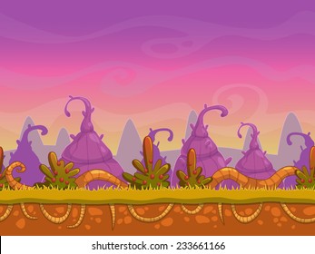 Seamless cartoon fantasy landscape, unending background with soil, bushes, fairy plants, mountains and cloudy sky layers