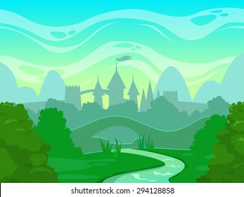 Seamless cartoon fantasy morning landscape with castle silhouette, vector illustration