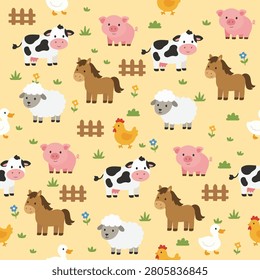 Seamless cartoon farm animal pattern featuring cows, pigs, and sheep. Designed for nursery textiles, wallpapers, and children's products.