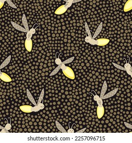 Seamless cartoon firefly pattern. Fairy vector illustration for kids, nursery print with cute bugs