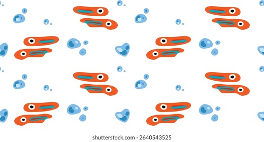 Seamless Cartoon Fish Bubble Pattern. Seamless pattern with orange cartoon fish and blue water bubbles. Flat playful style, bright colors, isolated on white background.