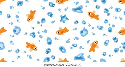 Seamless Cartoon Fish Bubbles Pattern. Bright orange cartoon fish with blue water bubbles and star shapes scattered on white background. Seamless pattern in flat style with cheerful and playful mood.