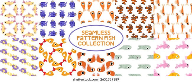 Coleta de padrão de peixe de desenho animado sem costura. Dez padrões sem costura com colorido desenho animado peixes em várias formas e cores. Desenhos subaquáticos planos em fundo branco com humor marinho lúdico.