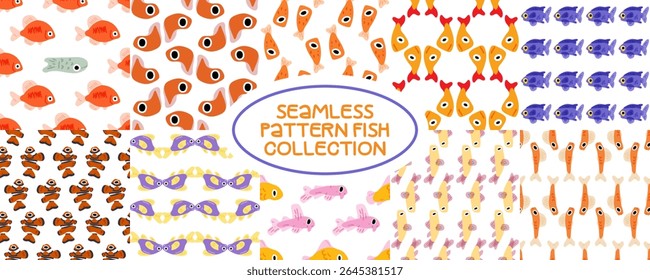 Seamless Cartoon Fish Pattern Pack. Collection of 10 seamless patterns with colorful cartoon fish in various shapes and styles. Flat illustration, bright palette, isolated on white background.