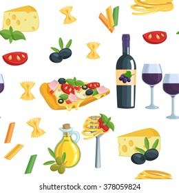 Seamless cartoon flat background with Italian food.  Wine oil pasta pizza vector illustration.