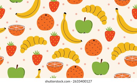 Seamless cartoon flat style pattern with oranges, strawberries, apples, and croissants. Fresh and fun fruity breakfast theme, perfect for wrapping paper, textiles, or kitchen-themed designs.