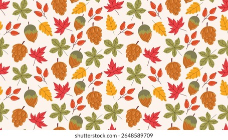 Padrão de estilo plano de desenho animado sem costura com folha de outono, rosehip, cone e bolota. Design acolhedor e colorido ideal para têxteis, artigos de papel, embalagens, artesanato de queda e decorações inspiradas na floresta.