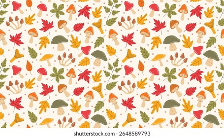 Seamless cartoon flat style pattern with autumn leaf, mushroom, and small dot scattered in playful messy layout. Ideal for textile, paper, cozy fall themes, and nature-inspired illustrations.