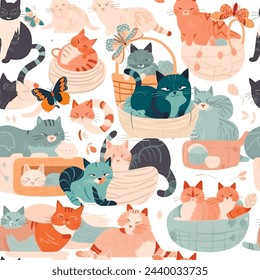 Seamless cartoon flat vector pattern with cute kittens and cats sleeping, stretching itself, hiding in box, baske, playing with ball of yarn. Adorable little cats funny background. Repeat backdrop.