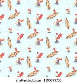 Seamless Cartoon Flat Vector Style Pattern Summer Sport Body. Positive Motivational Concept Illustration on Transparent Backdrop Plus Size Figure Active Girls Swimming Playing Ball Pool Surfing in Sea