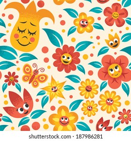 Seamless cartoon floral pattern. No transparency and gradients used.