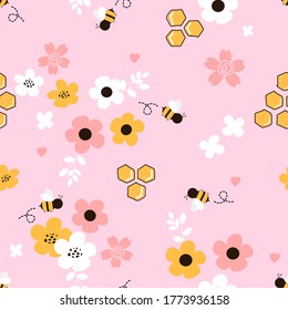 Seamless of cartoon flying bee in the flower garden, pink background. Cute floral pattern.