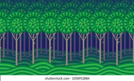 Seamless cartoon forest background. Celtic illustration.  Fairytale background for animations or 2d games.