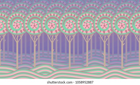 Seamless cartoon forest background. Celtic illustration.  Fairytale background for animations or 2d games.